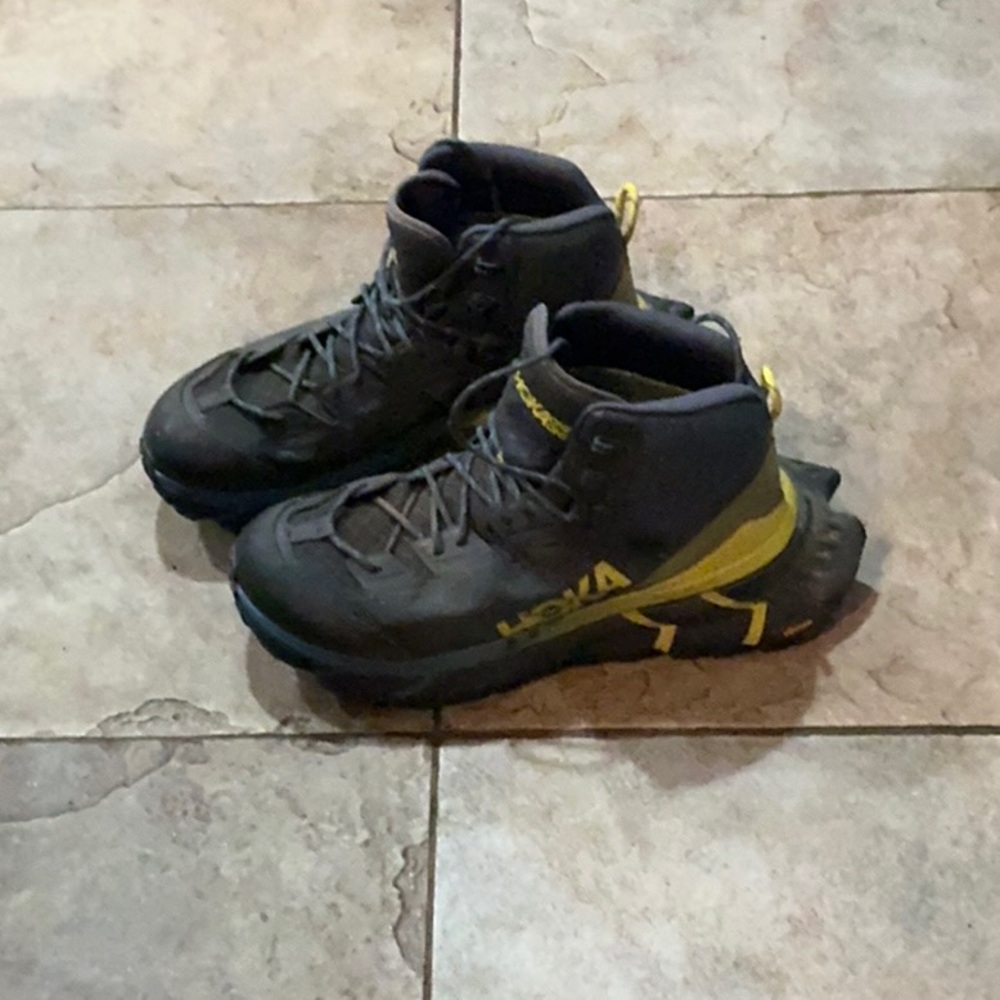 Hoka Yellow and Gray Athletic Shoes with Rugged Design and Excellent Traction